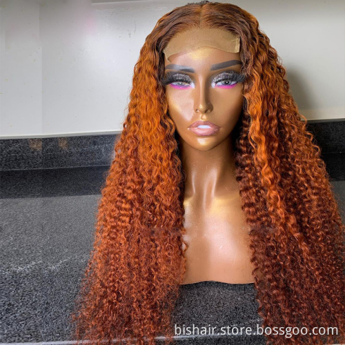 BIS Ombre Orange Ginger Color Lace Front Kinky Curly Wigs 150% Brazilian Remy 4x4 Transparent Lace Human Hair Wigs For Women